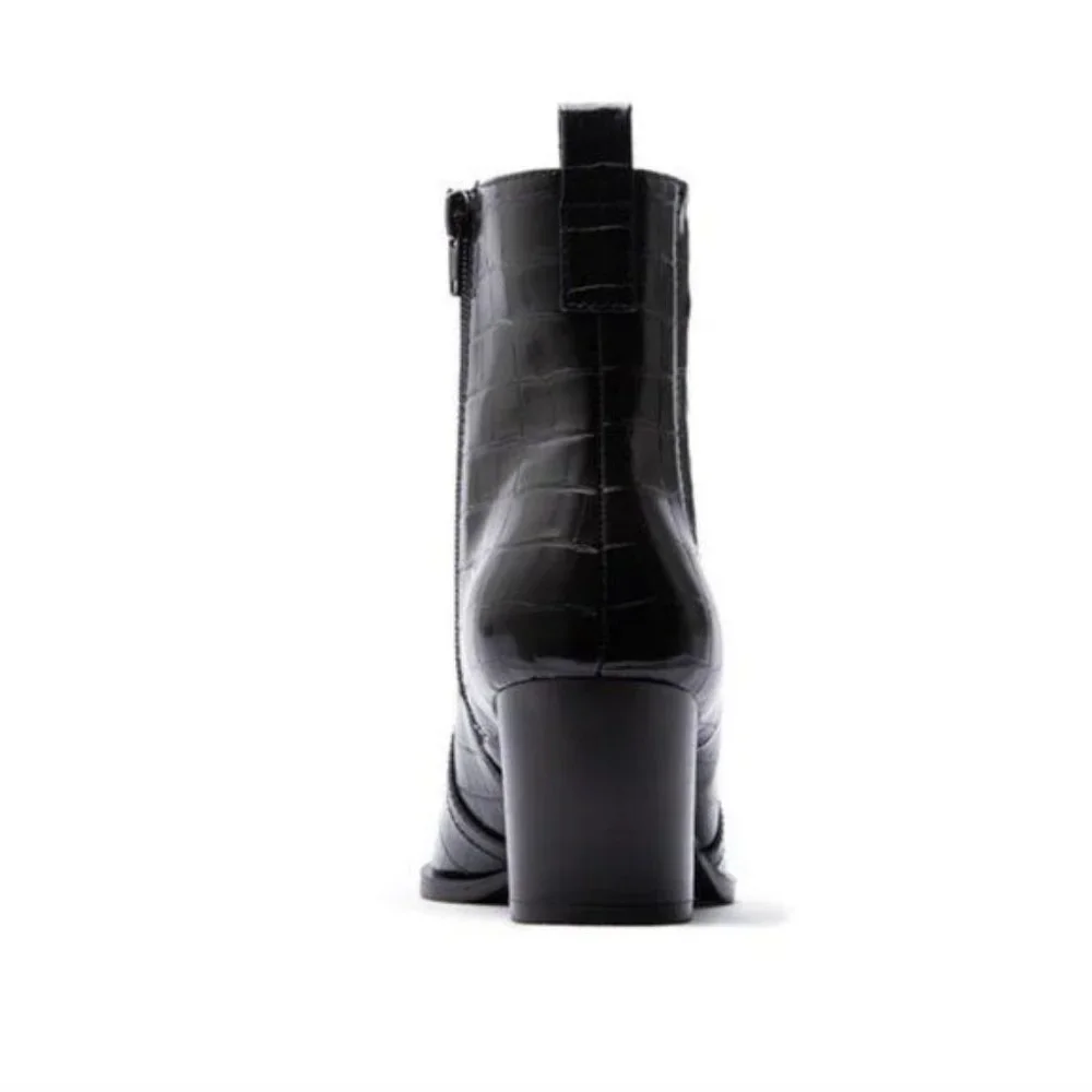!! NEW !! Vegan Leather Ankle Cowboy Boots in Black Croc - Picture 8 of 10